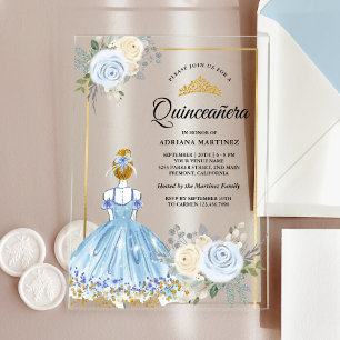 Invitations En Acrylique Robe florale bleu pastel Princesse Gold Quinceaner
