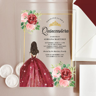 Invitations En Acrylique Robe Florale de Bourgogne Princesse Gold Quinceane
