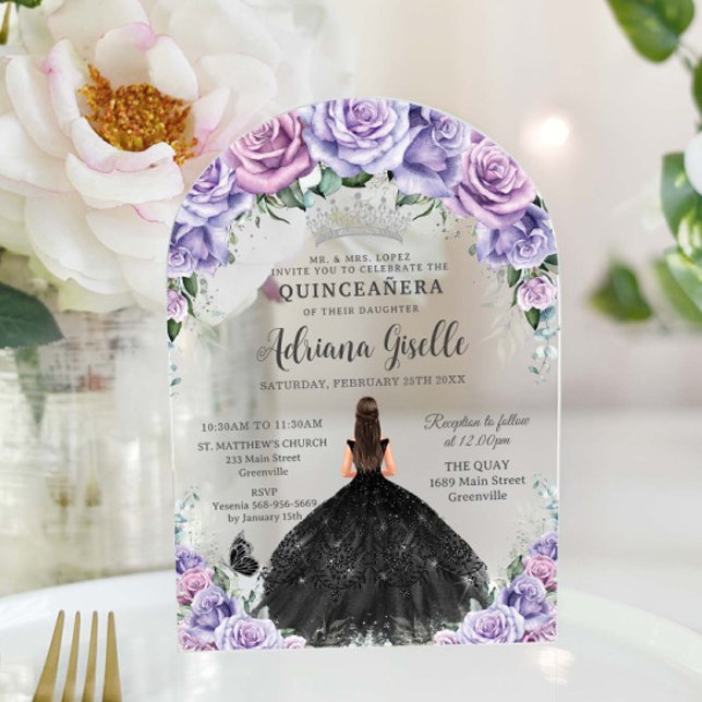 Invitations En Acrylique Robe Florale Lilac Noire Argent Quinceanera (Créateur téléchargé)