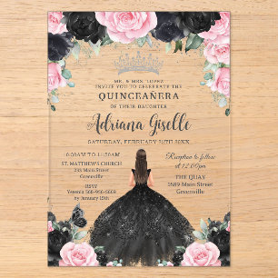 Invitations En Acrylique Robe florale noire rose Fleurs Quinceanera argenté