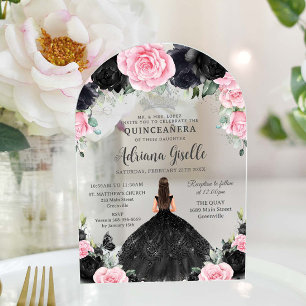 Invitations En Acrylique Robe florale noire rose Fleurs Quinceanera argenté