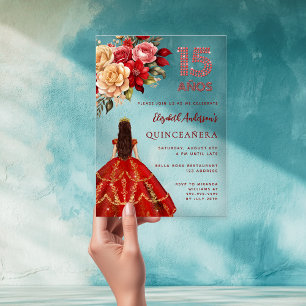 Invitations En Acrylique Robe florale or rouge roses claire Quinceanera