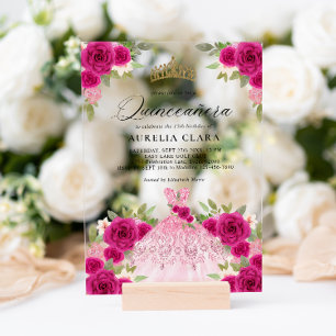 Invitations En Acrylique Robe Florale Rose Magenta Glam 15ème Quinceañera