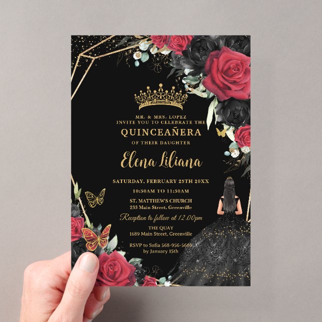 Invitations En Acrylique Robe Florale Rose rouge or Quinceañera XV (In situ (ordinateur de poche))