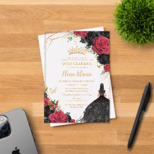 Invitations En Acrylique Robe Florale Rose rouge or Quinceañera XV