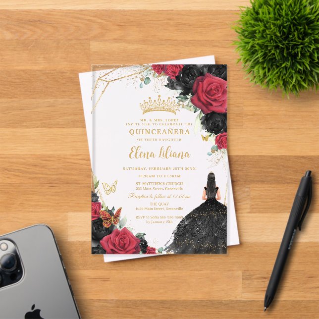 Invitations En Acrylique Robe Florale Rose rouge or Quinceañera XV (Insitu (Carte d'invitation))