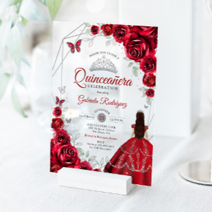 Invitations En Acrylique Robe florale rouge argentée pour Quinceanera