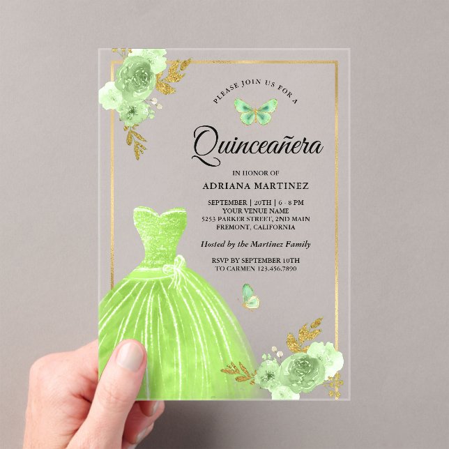 Invitations En Acrylique Robe Florale verte Lime Papillon Or Quinceanera (In situ (ordinateur de poche))