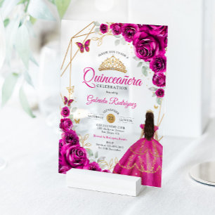 Invitations En Acrylique Robe fuchsia rose et or pour Quinceanera