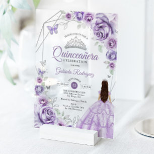 Invitations En Acrylique Robe lilas violette pour Quinceanera Floral Argent
