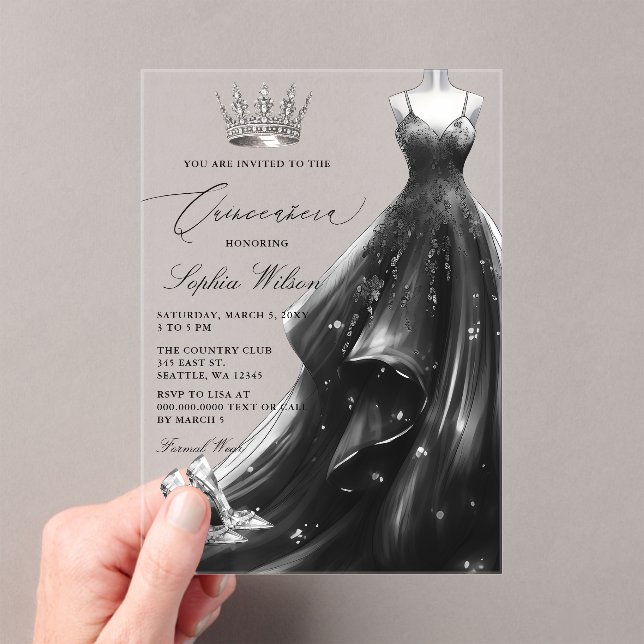 Invitations En Acrylique Robe noire en argent Princesse Quinceañera (In situ (ordinateur de poche))