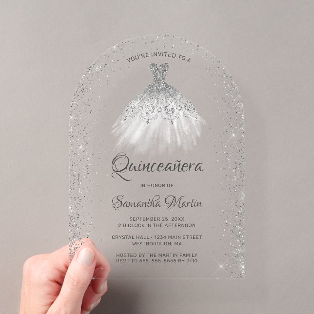 Invitations En Acrylique Robe Parties scintillant argent blanc Quinceañera (In situ (ordinateur de poche))