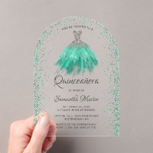 Invitations En Acrylique Robe Parties scintillant en argent Aqua Quinceañer