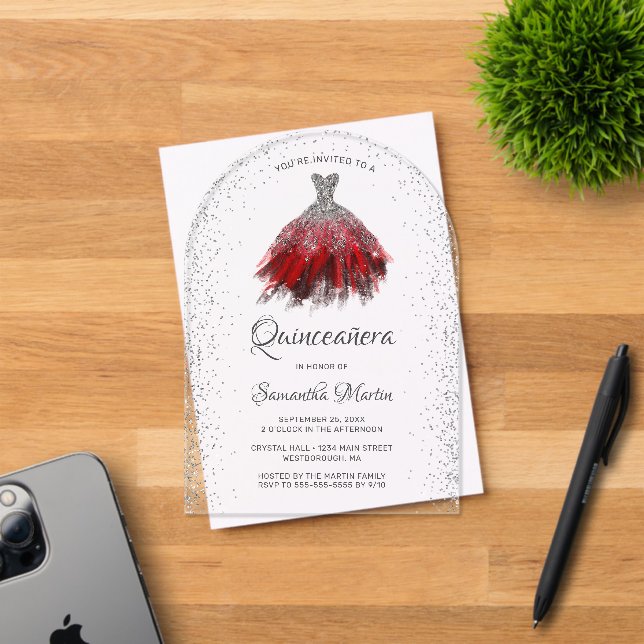 Invitations En Acrylique Robe Parties scintillant en argent rouge Quinceañe (Insitu (Carte d'invitation))