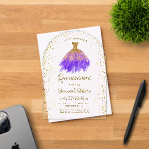 Invitations En Acrylique Robe Parties scintillant or violet Quinceañera