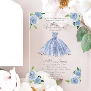 Invitations En Acrylique Robe princesse d'argent bleu Dusty Quinceañera