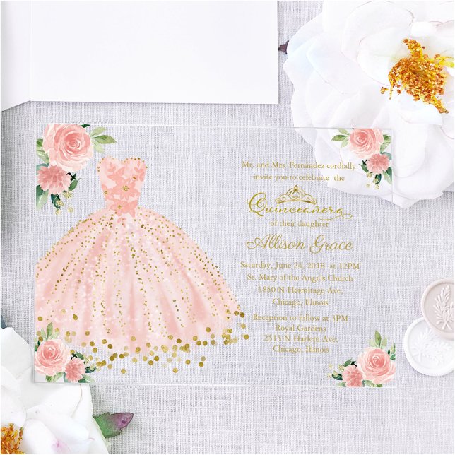 Invitations En Acrylique Robe princesse d'or rose Floral Quinceañera (Créateur téléchargé)