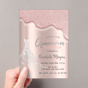 Invitations En Acrylique Robe Quinceañera Diamonds Drips Pailletées