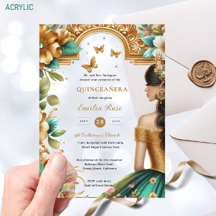 Invitations En Acrylique Robe Quinceañera Or Émeraude Roses Vertes Quince