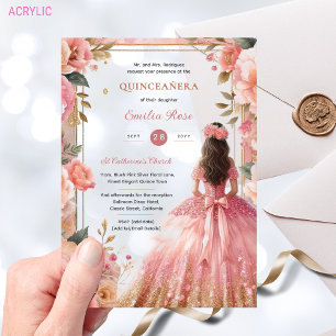 Invitations En Acrylique Robe Quinceañera Roses Argent Roses Fuschées