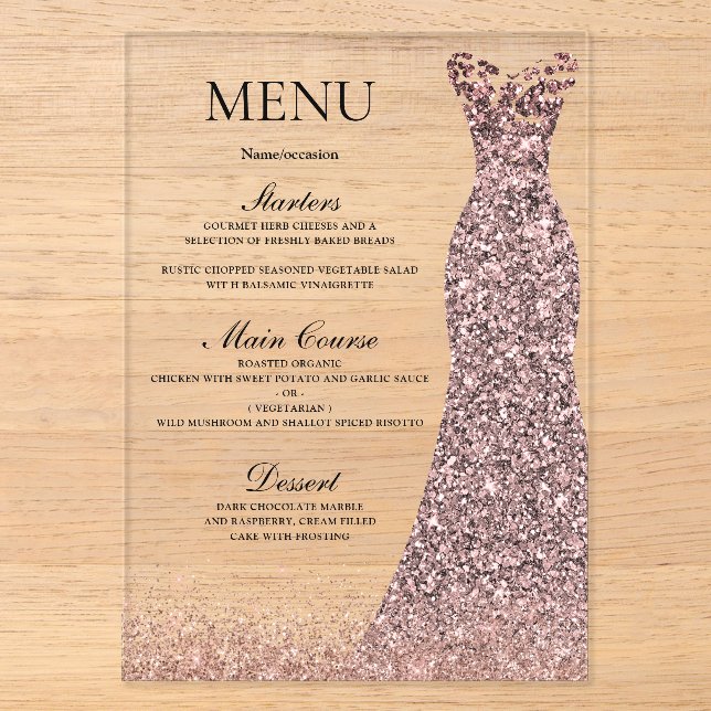 Invitations En Acrylique Robe Rose Blush Anniversaire Fête des mariées Menu (Recto)