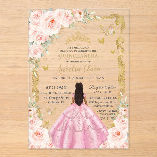 Invitations En Acrylique Robe rose de Quinceañera vintage floral blush or r
