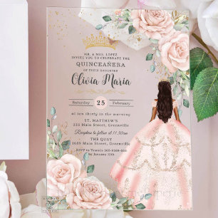 Invitations En Acrylique Robe rose floral Robe de princesse Quinceanera 