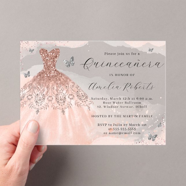 Invitations En Acrylique Robe rose or élégant papillon Quinceanera (In situ (ordinateur de poche))