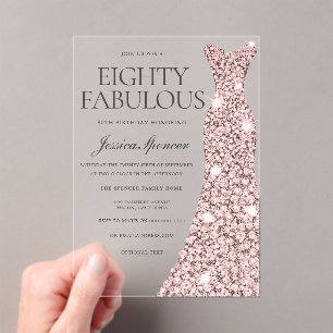 Invitations En Acrylique Robe rose or étincelante 80e anniversaire