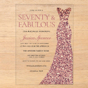 Invitations En Acrylique Robe rose or étincelante femmes 70e fête d'anniver
