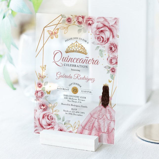 Invitations En Acrylique Robe rose or Quinceanera Floral (Créateur téléchargé)