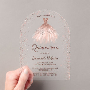 Invitations En Acrylique Robe rose Parties scintillant or Quinceañera