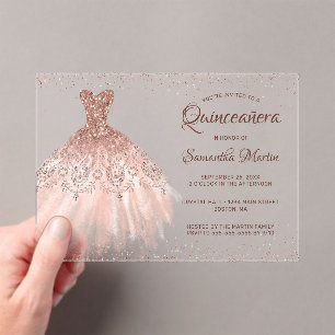 Invitations En Acrylique Robe rose Parties scintillant or Script Quinceañer