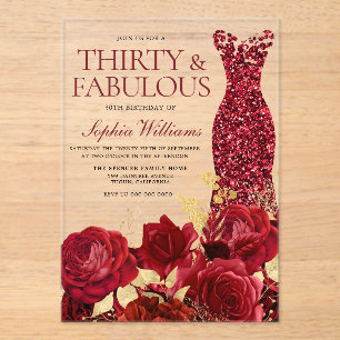 Invitations En Acrylique Robe rouge pailletée Roses Feuille d'or 30e Annive