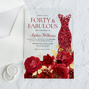 Invitations En Acrylique Robe rouge pailletée roses feuille d'or 40e annive