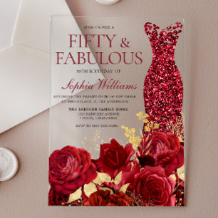 Invitations En Acrylique Robe rouge pailletée Roses Feuille d'or 50e Annive