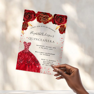 Invitations En Acrylique Robe rouge roses Quinceanera pailletée transparent