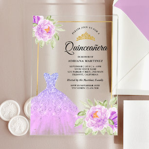 Invitations En Acrylique Robe scintillante lilas violet floral or Quinceane