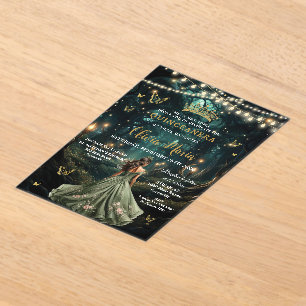 Invitations En Acrylique Robe verte de la forêt enchantée Quinceañera 16