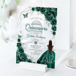 Invitations En Acrylique Robe verte émeraude pour Quinceanera argentée