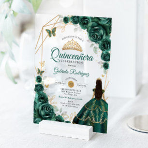 Invitations En Acrylique Robe verte émeraude pour Quinceanera avec or