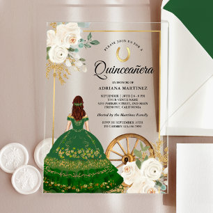 Invitations En Acrylique Robe verte florale en ivoire Charro Or Quinceanera