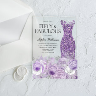 Invitations En Acrylique Robe violette Floral Cinquante et fabuleux 50e ann