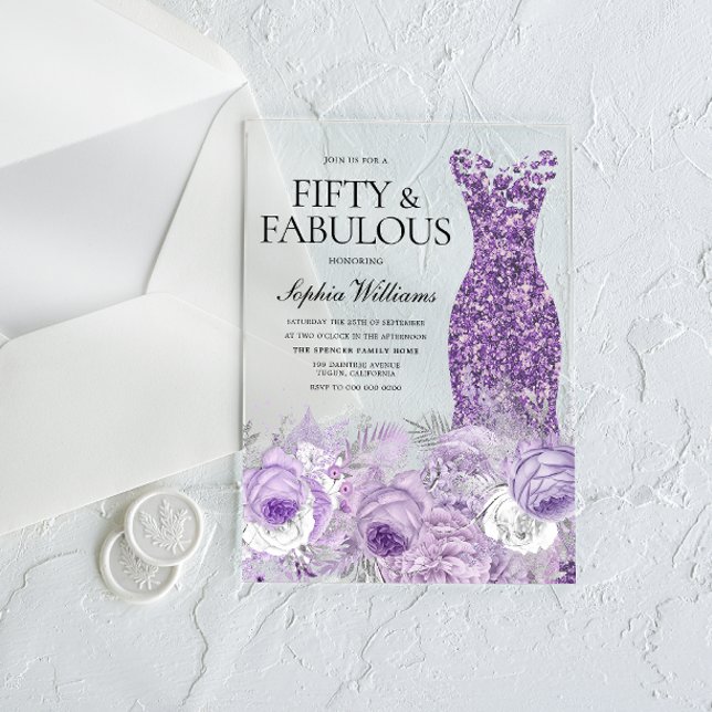 Invitations En Acrylique Robe violette Floral Cinquante et fabuleux 50e ann (Créateur téléchargé)