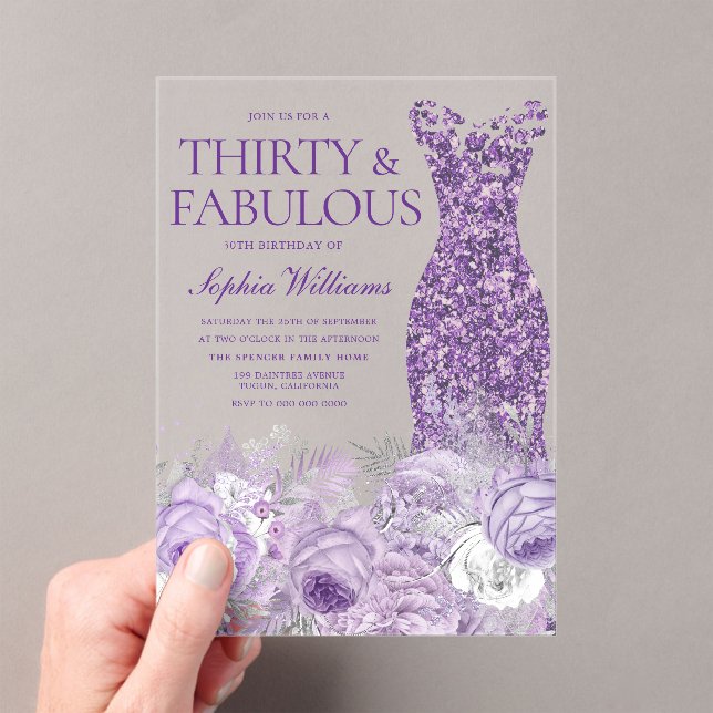 Invitations En Acrylique Robe violette florale 30 ans & Fabuleuse 30e anniv (In situ (ordinateur de poche))