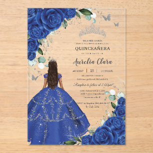 Invitations En Acrylique Robes argentées de roses bleues royales de princes