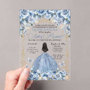 Invitations En Acrylique Robes de Luxe Bébé Bleu Or Princesse Quinceanera