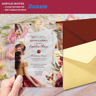 Invitations En Acrylique Robes de Quinceañera Bourgogne Rouge Or Fleurs de