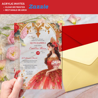 Invitations En Acrylique Robes de Quinceañera Bourgogne Rouge Or Fleurs de