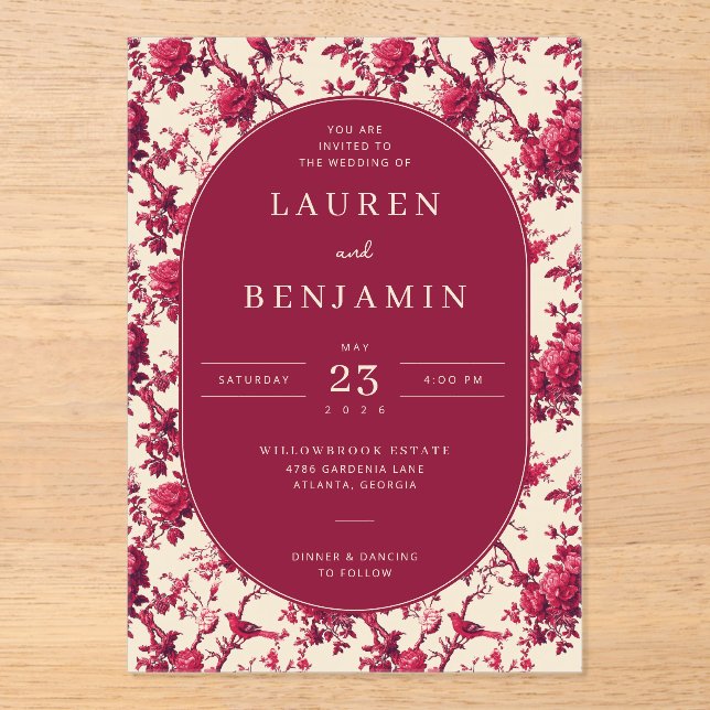 Invitations En Acrylique Romantic Maroon Floral (Recto)